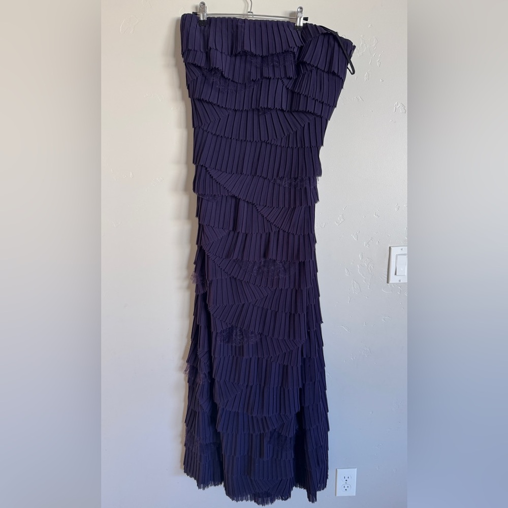 Tadashi Shoji tiered ruffle strapless purple gown MEASUREMENTS
